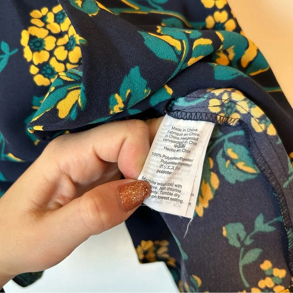 J. Crew Navy Blue Yellow Floral Wrap Long Sleeve Blouse M - Picture 4 of 6